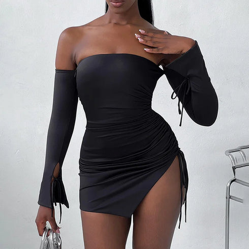 Sexy Off Shoulder Long Sleeve Pleated Tight Fit Dress for Women Party Club Evening